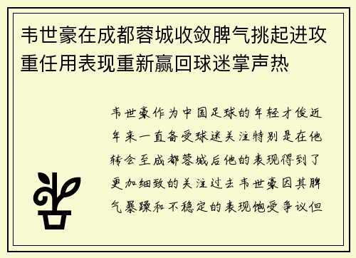 韦世豪在成都蓉城收敛脾气挑起进攻重任用表现重新赢回球迷掌声热